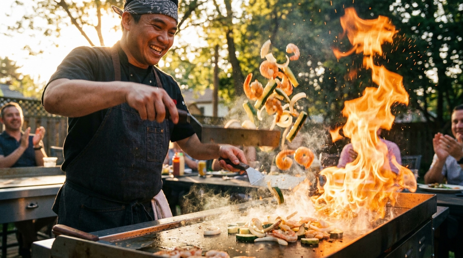 Hibachi chef mid-performance with flames